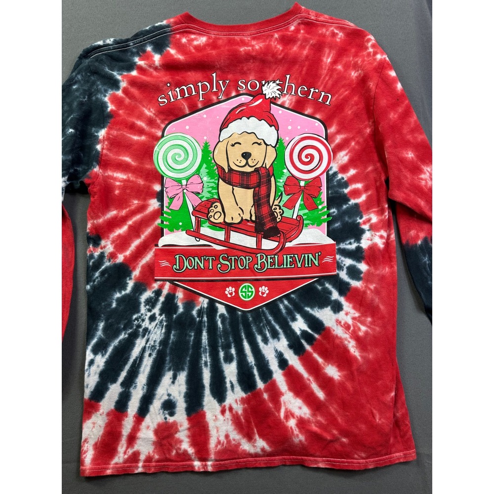 Simply Southern Christmas Dog Tie Dye Long Sleeve Shirt Red Black Large - Picture 11 of 11